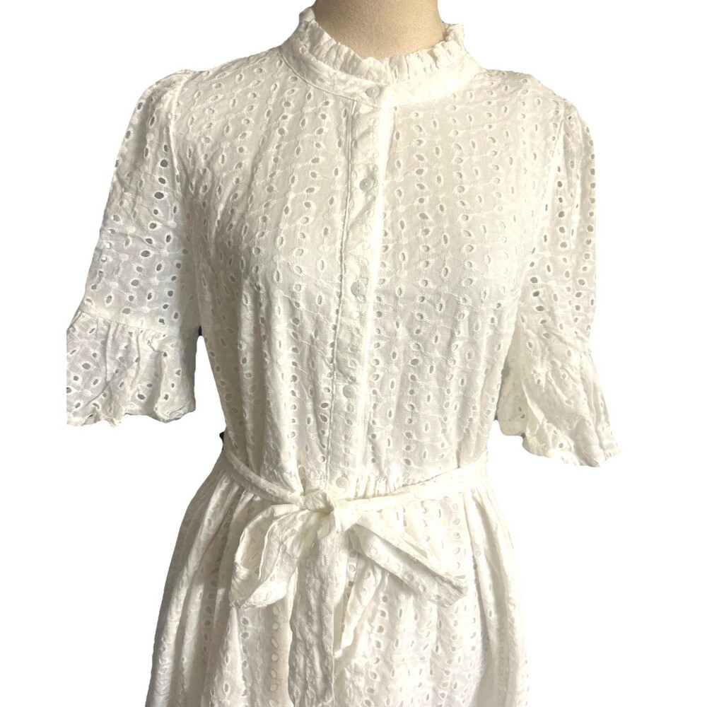 Sugarlips Kaylie Eyelet Sz M White Button Down Ruffle Midi Belted Cotton Dress - Picture 5 of 15